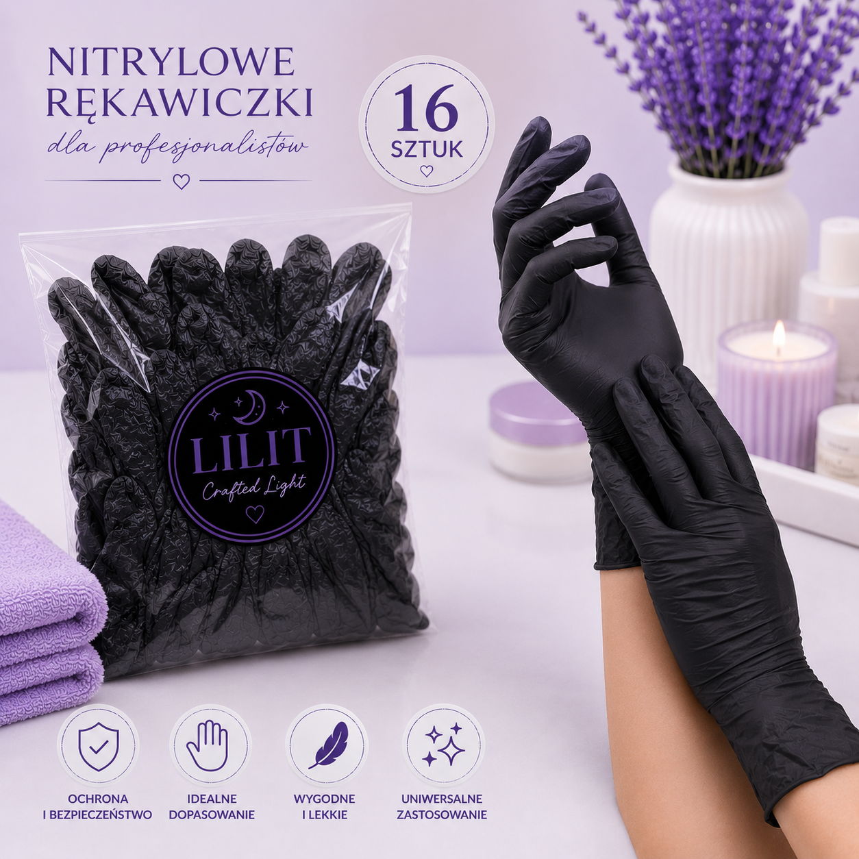 LILIT Crafted Light | Czarne Rękawiczki Nitrylowe M 16 szt.