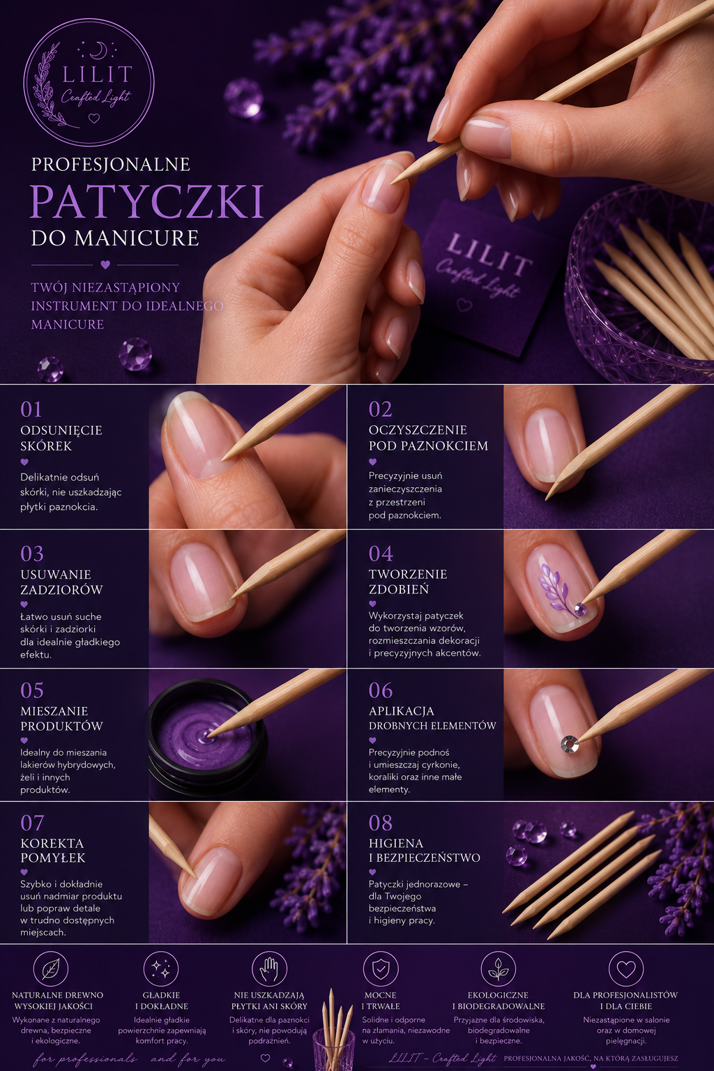 LILIT Crafted Light | Patyczki Drewniane do Manicure 20 szt.