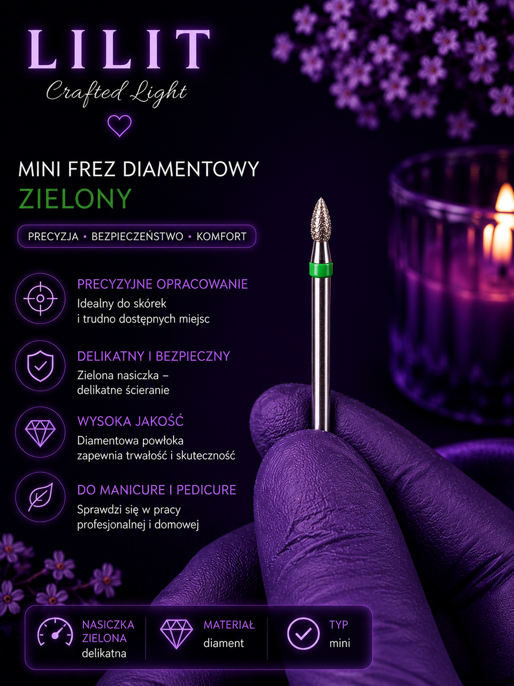LILIT Mini Frez Diamentowy Płomień Zielony Do Skórek i Kutikuli