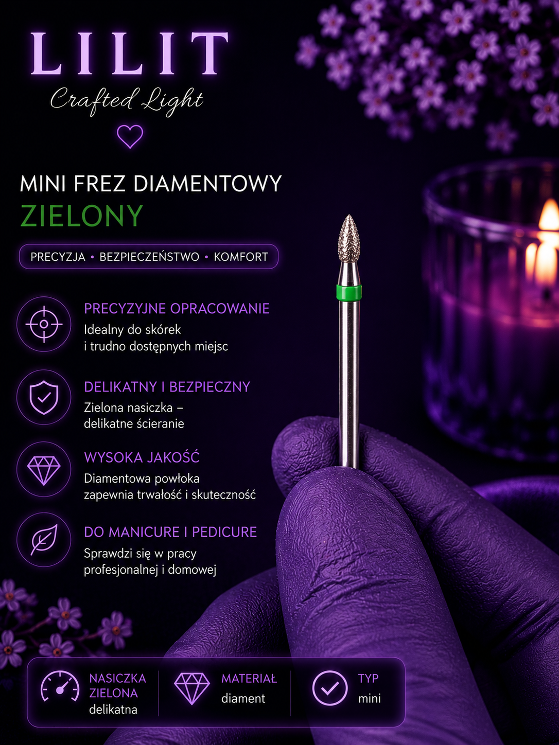LILIT Mini Frez Diamentowy Płomień Zielony Do Skórek i Kutikuli