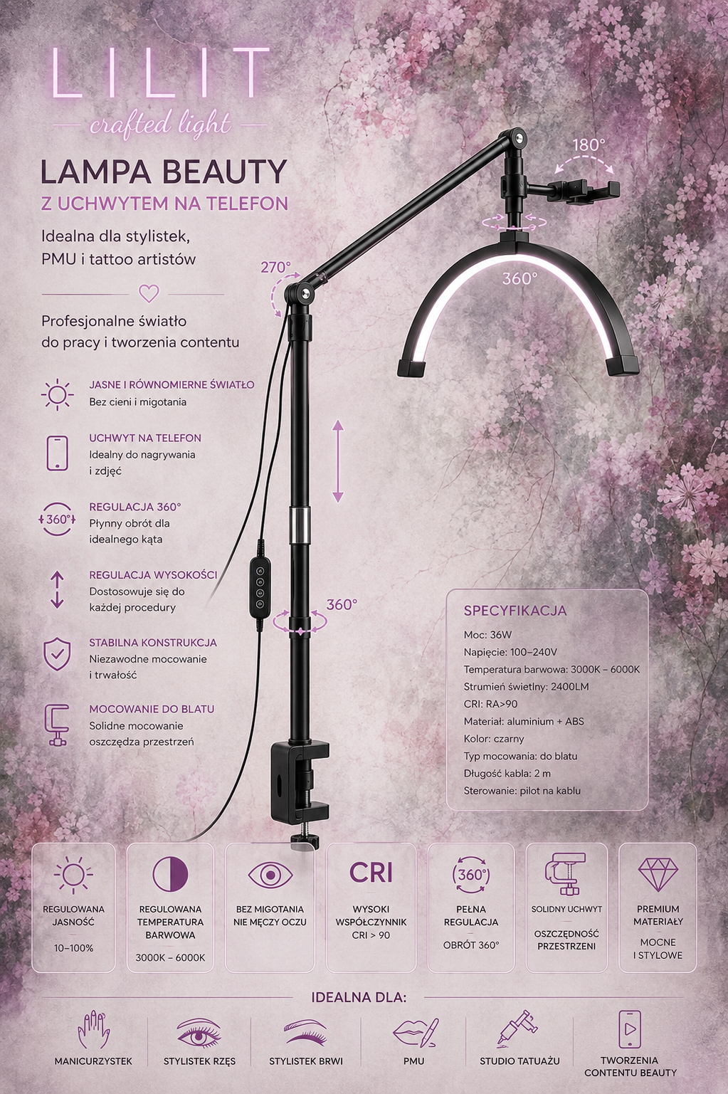LILIT Lampa Beauty LED 36W do Manicure, PMU i Rzęs