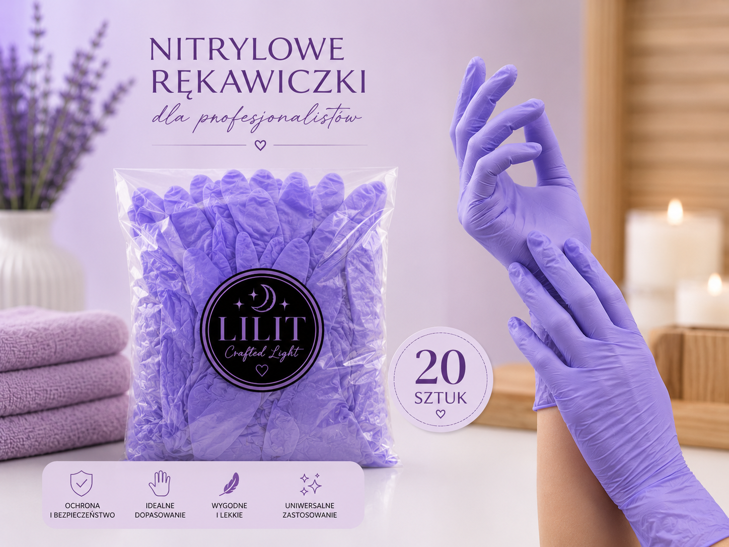 LILIT Crafted Light | Lawendowe Rękawiczki Nitrylowe S 20 szt.